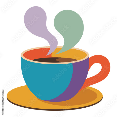 Stylized illustration of a steaming hot coffee cup on a saucer, vibrant colors and bold outlines, perfect for cafe, morning, or beverage concepts.