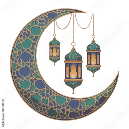 Stylized crescent moon with colorful hanging lanterns, featuring elaborate arabesque patterns, perfect for ramadan, eid al-fitr, and other islamic festivals and cultural events.