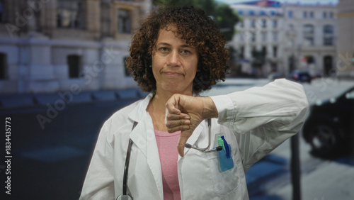 Cuadro en lienzo Woman doctor in white coat giving thumbs down gesture on sunlit city street in front of classical buildings; public disapproval