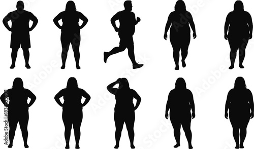 Plus Size Body Diversity Silhouette Set: Vector Collection of Overweight Men and Women in Various Standing, Walking, and Running Poses, Representing Realistic Body Types.