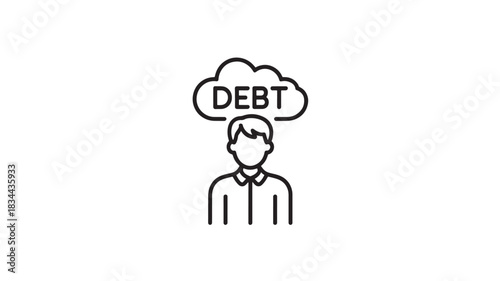 Line art illustration of a person with a debt cloud above their head financial burden concept isolated on white