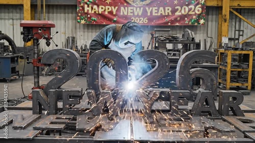 Welder crafting metal new year 2026 numbers with intense sparks in industrial workshop
