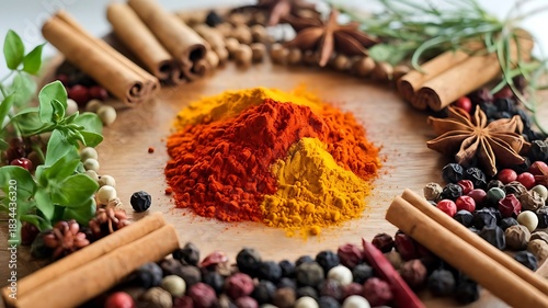 Colorful Spice Arrangement Perfect for Food & Branding Projects. High-Detail Spice Flat lay Ideal for Professional Culinary Visuals. Rich, Vibrant Spices for Stunning Kitchen and Food Artwork.