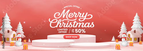 Merry Christmas Sale Banner With Snowy Village, Snowmen, Gifts, And Center Stage Podium