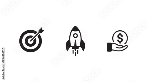 Set of business and finance icons including a target rocket and hand with money simple flat vector design element isolated on white background