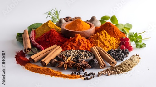 Colorful Spice Arrangement Perfect for Food & Branding Projects. High-Detail Spice Flat lay Ideal for Professional Culinary Visuals. Rich, Vibrant Spices for Stunning Kitchen and Food Artwork.