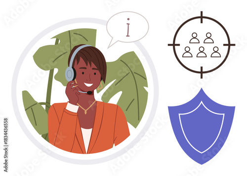 Woman in headset speaking, surrounded by foliage with customer-centric icons of target group and security shield. Ideal for support, care, safety, communication, teamwork, guidance service. Simple