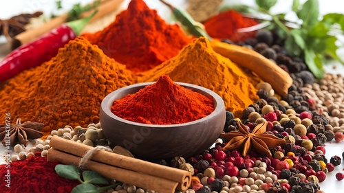 Colorful Spice Arrangement Perfect for Food & Branding Projects. High-Detail Spice Flat lay Ideal for Professional Culinary Visuals. Rich, Vibrant Spices for Stunning Kitchen and Food Artwork.