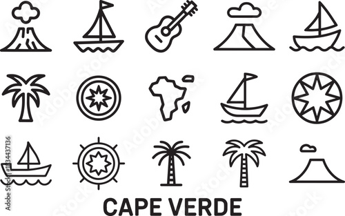 Cape verde outline icons set on transparent background travel tourism and nature symbols