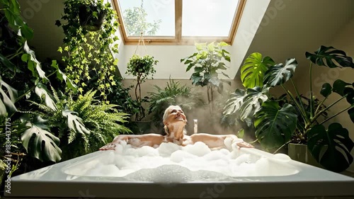Woman relaxing in bubble bath surrounded by green plants under natural skylight for wellness and tranquility