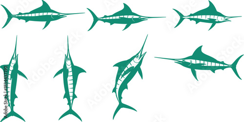 Collection of teal marlin silhouettes in various poses and angles marlin, fish, silhouette, sea, ocean, vector, icon, graphic,