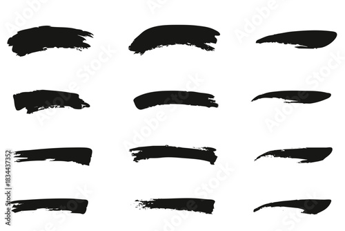 Set of grunge black ink brush strokes isolated on white background