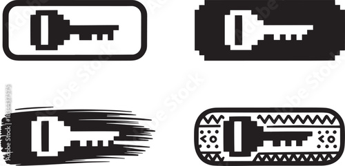 Stylized key pictogram set offering various visual representations including pixel art and tribal patterns