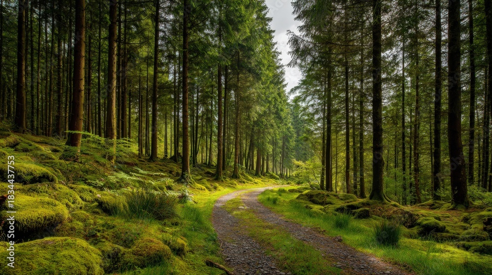Fototapeta premium Lush Green Forest Path: A Serene Landscape with Sunlight Filtering Through Trees