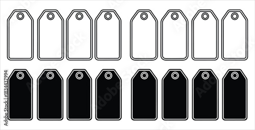Black and white price tags arranged in two rows on a plain background for design use