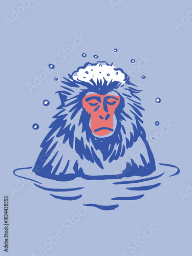 Snow monkey in hot spring doodle vector illustration