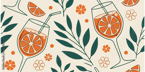 An artistic depiction of two refreshing orange cocktails with leaves and citrus elements against a light background, showcasing summer vibes and delightful colors