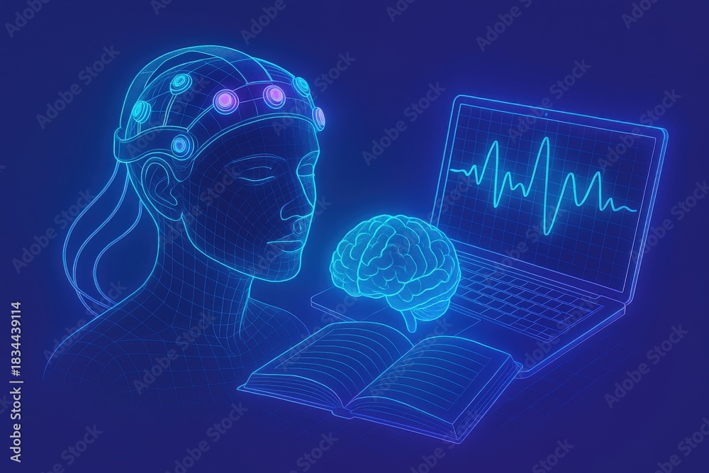 Obraz premium Human brain waves monitored through advanced neurotechnology with visual representation of cognitive engagement and advanced analytics displayed on a laptop in an immersive digital environment