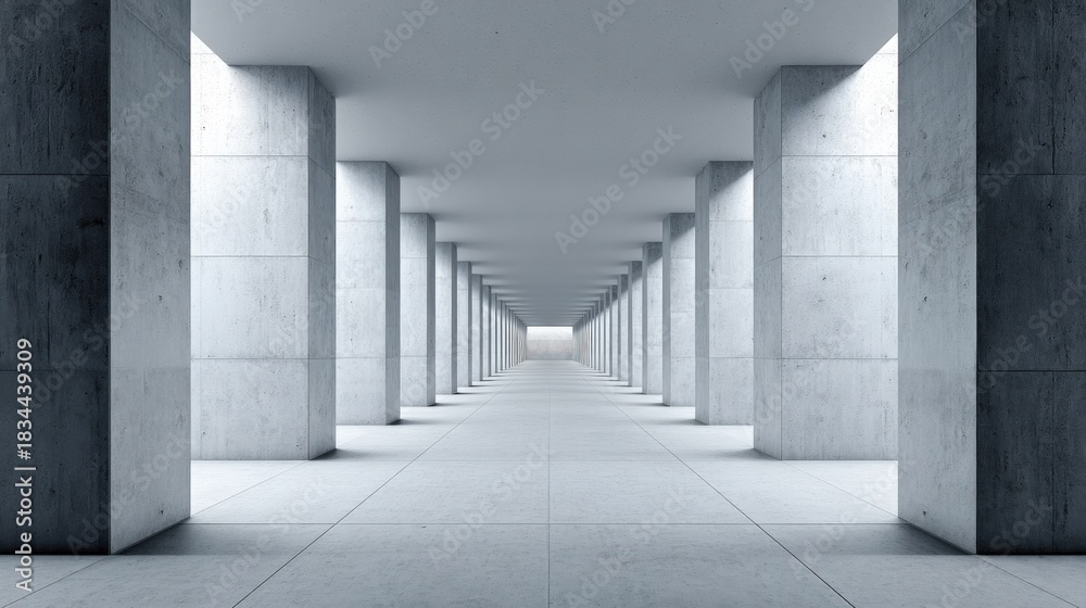Naklejka premium Abstract Architectural Space: Long Concrete Corridor with Pillars and Natural Light from Above for Background