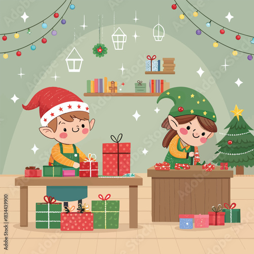 Festive christmas elves diligently preparing presents in santa's workshop isolated on white background