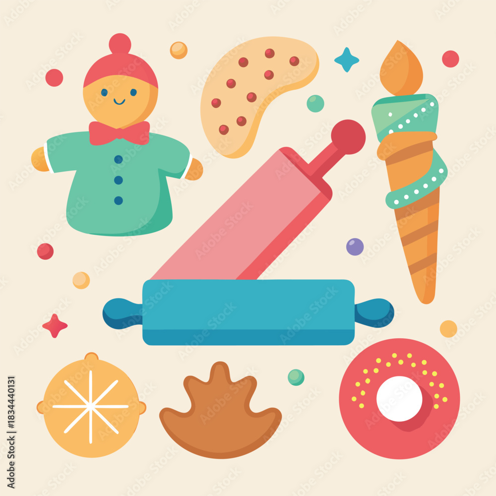 Fototapeta premium Vibrant dessert and baking essentials: cookies, donut, gingerbread, rolling pin isolated on white background