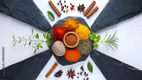 Colorful Spice Arrangement Perfect for Food & Branding Projects. High-Detail Spice Flat lay Ideal for Professional Culinary Visuals. Rich, Vibrant Spices for Stunning Kitchen and Food Artwork.