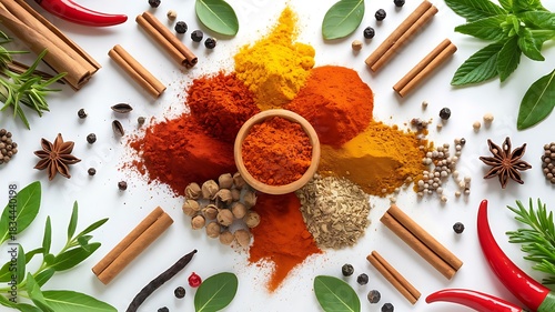 Colorful Spice Arrangement Perfect for Food & Branding Projects. High-Detail Spice Flat lay Ideal for Professional Culinary Visuals. Rich, Vibrant Spices for Stunning Kitchen and Food Artwork.