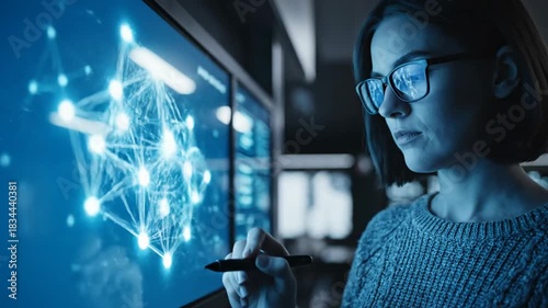 Woman interact with data network visualization on large touchscreen display in dark room