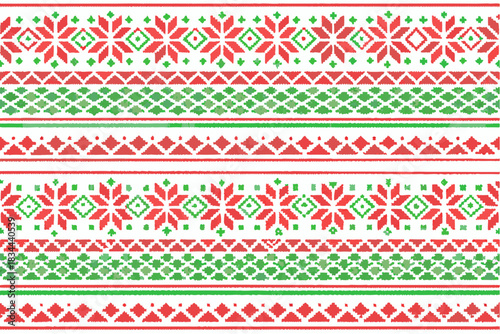 Festive christmas pattern with red snowflakes and green geometric shapes on a white background design element