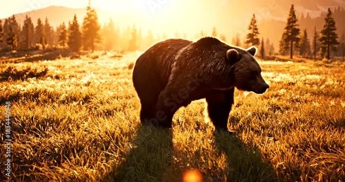 Powerful grizzly bear walking through golden meadow at sunset, wildlife adventure and nature documentary footage, cinematic and dramatic animal video clip