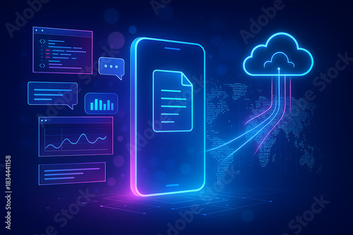 Smartphone glowing illustration connected to cloud computing system with holographic world map data charts and futuristic interactive panels