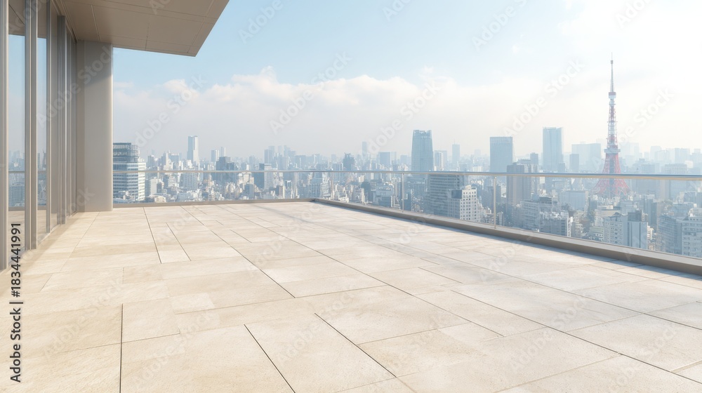 Fototapeta premium Modern Apartment Terrace with Panoramic City View, Featuring Sleek Design and Urban Landscape on a Sunny Day