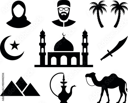 Islamic culture and religious vector icons collection in black color
