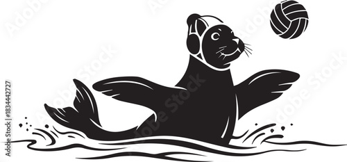 Seal playing water polo with a ball in the water