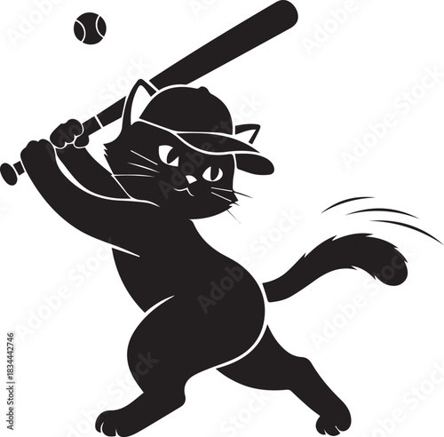 Black cat baseball player swinging bat at ball