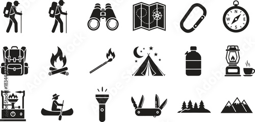 Camping and outdoor adventure icons collection for nature exploration activities