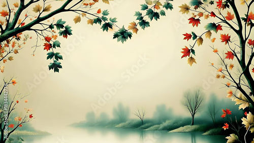 Autumn landscape with colorful leaves by still water in evening