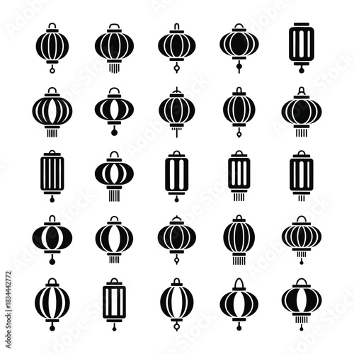 Collection of twentyfive black silhouette chinese lantern isolated on