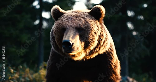 Powerful grizzly bear emerging from the forest shadows with golden light creating a stunning wildlife scene, perfect for nature documentaries or environmental films