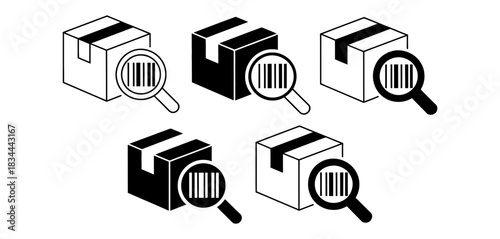 Collection of isometric icons representing shipping boxes with magnifying glass inspecting barcodes, symbolizing logistics and product tracking.