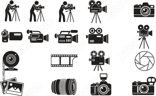 Collection of Cameras and Photography Equipment Icons in Black and White