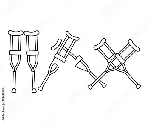 Medical crutches illustration: a clean, simple line art depiction of three pairs of crutches, symbolizing mobility aid and recovery. isolated subject.