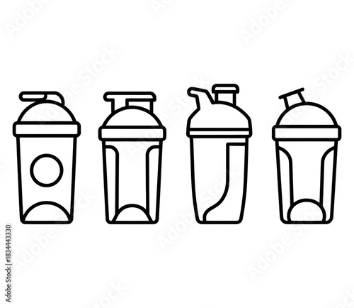 Four outline icons of protein shaker bottles for fitness and nutrition, isolated on a white background.