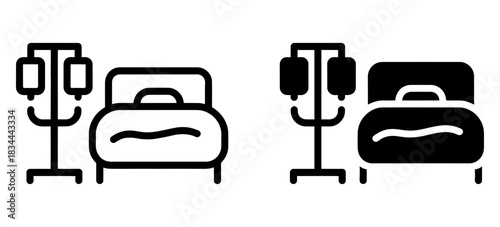 Hospital bed with iv drip stand icon, symbolizing medical treatment, patient care, and healthcare services in a clean, modern, and vector graphic style.
