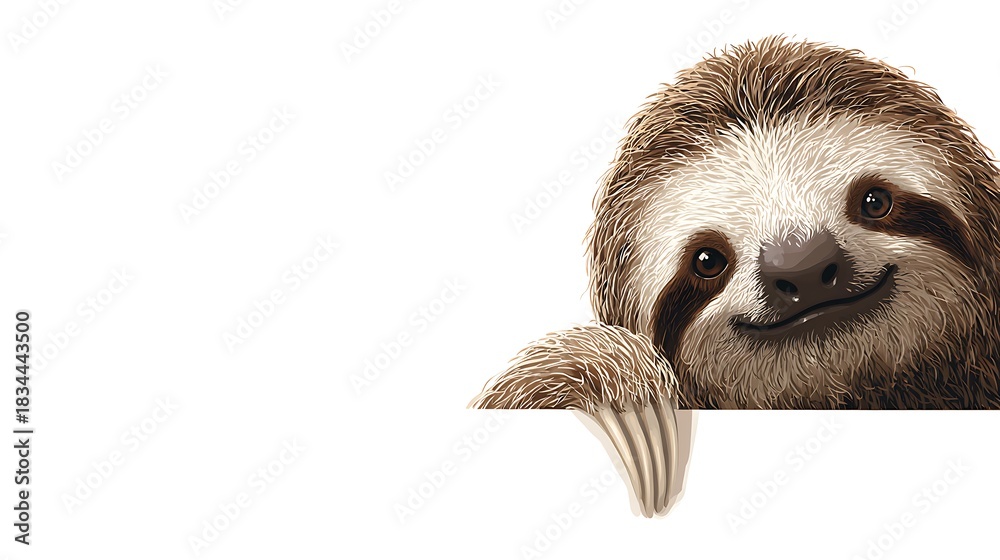 Naklejka premium Adorable Sloth Peeking Over a Photo White Surface with a Friendly Smile cute smiling