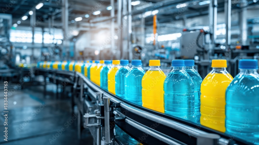 Fototapeta premium Bottling Plant Conveyor Line Filled with Refreshing Yellow and Blue Beverages in Plastic Bottles