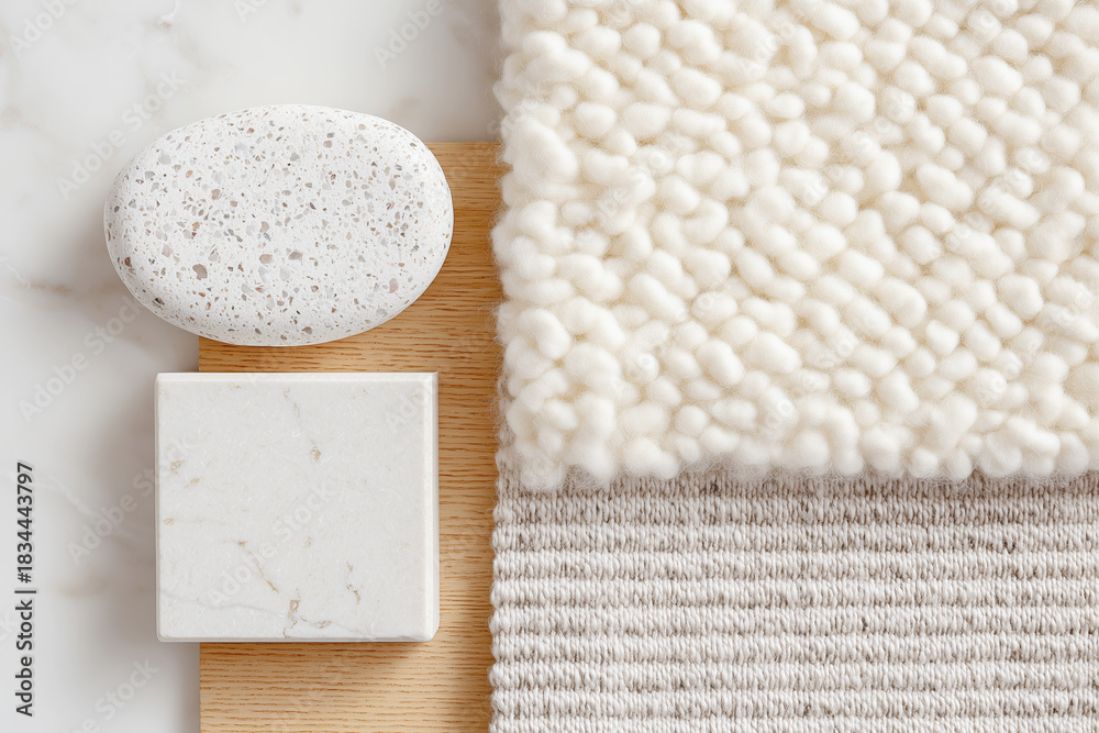 Obraz premium 2026 color trend. Top view flatlay moodboard featuring white materials, including a textured rug, smooth stone, and marble tile, creating a serene and minimalist aesthetic for design inspiration