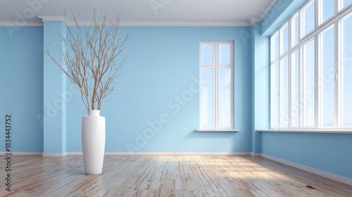 Minimalist Room Interior with Pastel Blue Walls, Wooden Floor, White Vase, and Natural Light from Large Window