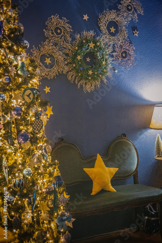 Christmas home decor, set-ups and decorations. Christmas spirit and home decor with a lot of details, in a warm and gentle light with a rich bokeh.