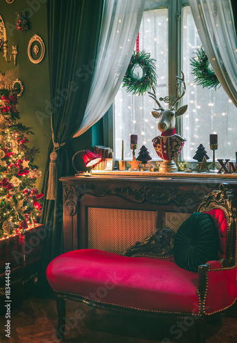 Christmas home decor, set-ups and decorations. Christmas spirit and home decor with a lot of details, in a warm and gentle light with a rich bokeh.